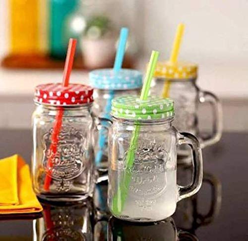 Glass Jar Mug with Straw and Handle(Clear) - Pack of 2